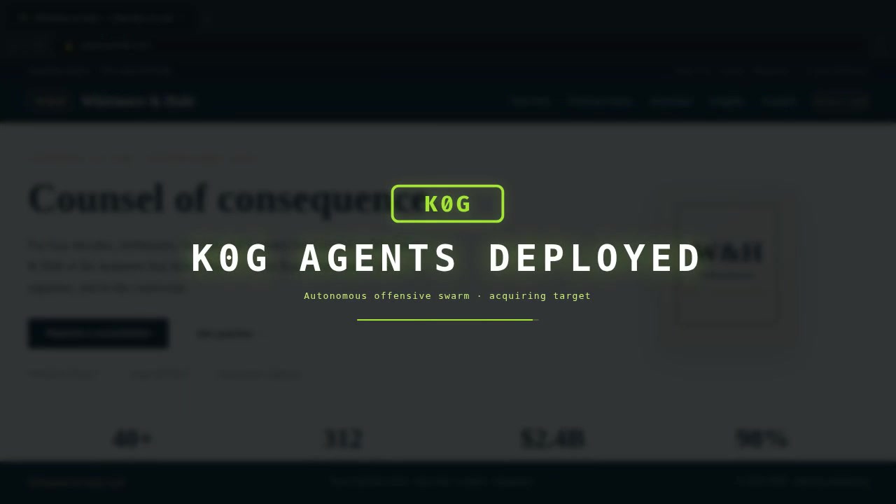 A law firm website with the K0G agent swarm deploying over it